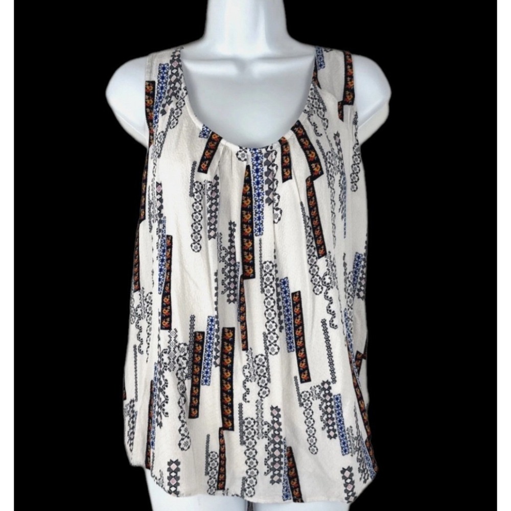Rags to Wishes Sleeveless Tank Top Women 1X White Geometric Floral Pleated Shell